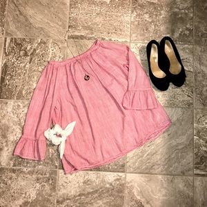 Pink/Off White Stripped Off the Shoulder Blouse!